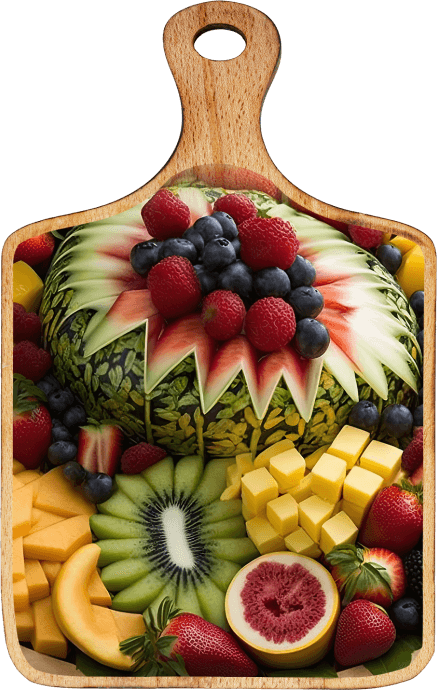 Une photo d’une planche à découper avec des fruits coupés de façon artistique. 