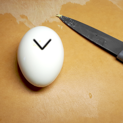 Photo d’un œuf dur et d’un couteau.  Il y a une ligne noire sur l’œuf qui forme un « V » située au centre de la partie supérieure de l’œuf. 