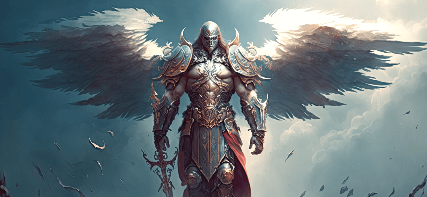 Illustration d’un personnage portant une armure et des ailes d’ange. Le personnage est armé d’une épée. 