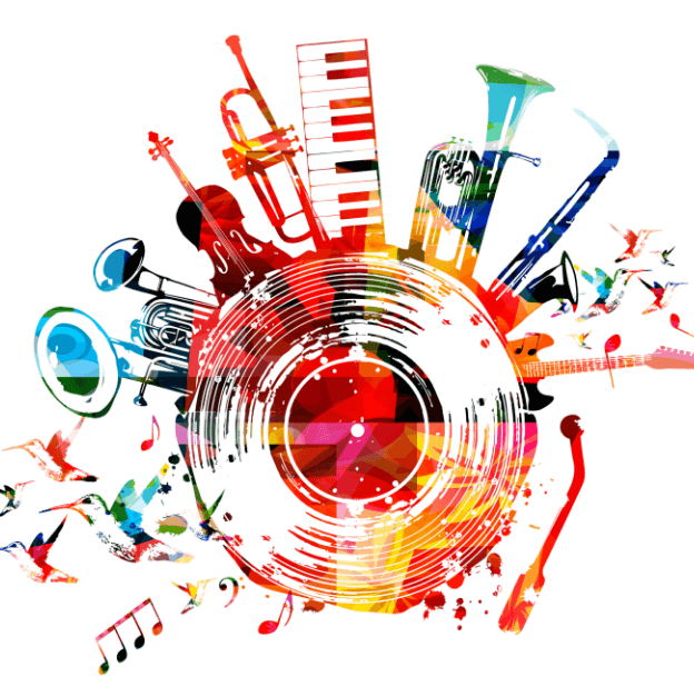 Illustration de plusieurs instruments de musiques colorés distribués autour d’un disque de musique coloré. 