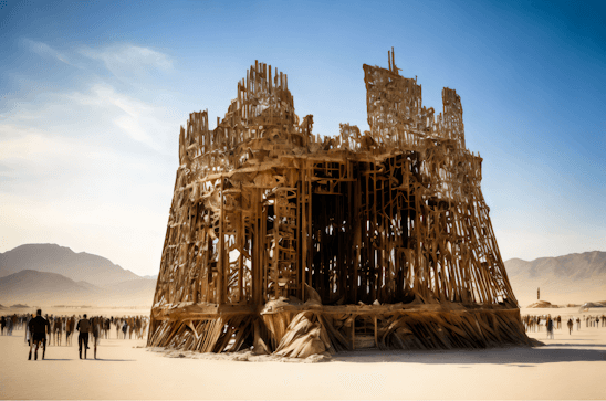 Photo d’une gigantesque œuvre en construction. Ressemblant à une tour, la structure est haute et ajourée. Elle se trouve dans le désert. 