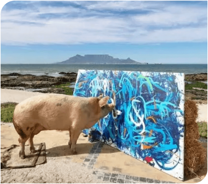 Photo d’un cochon qui peint une toile. 