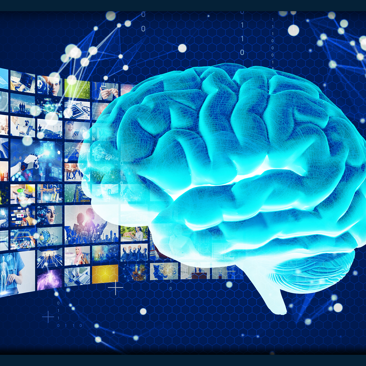 Image de dizaines d’écrans de télévision immergeant de l’illustration d’un cerveau humain. 
