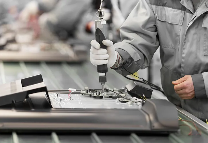 Photo d’un travailleur assemblant un appareil électronique dans une usine.