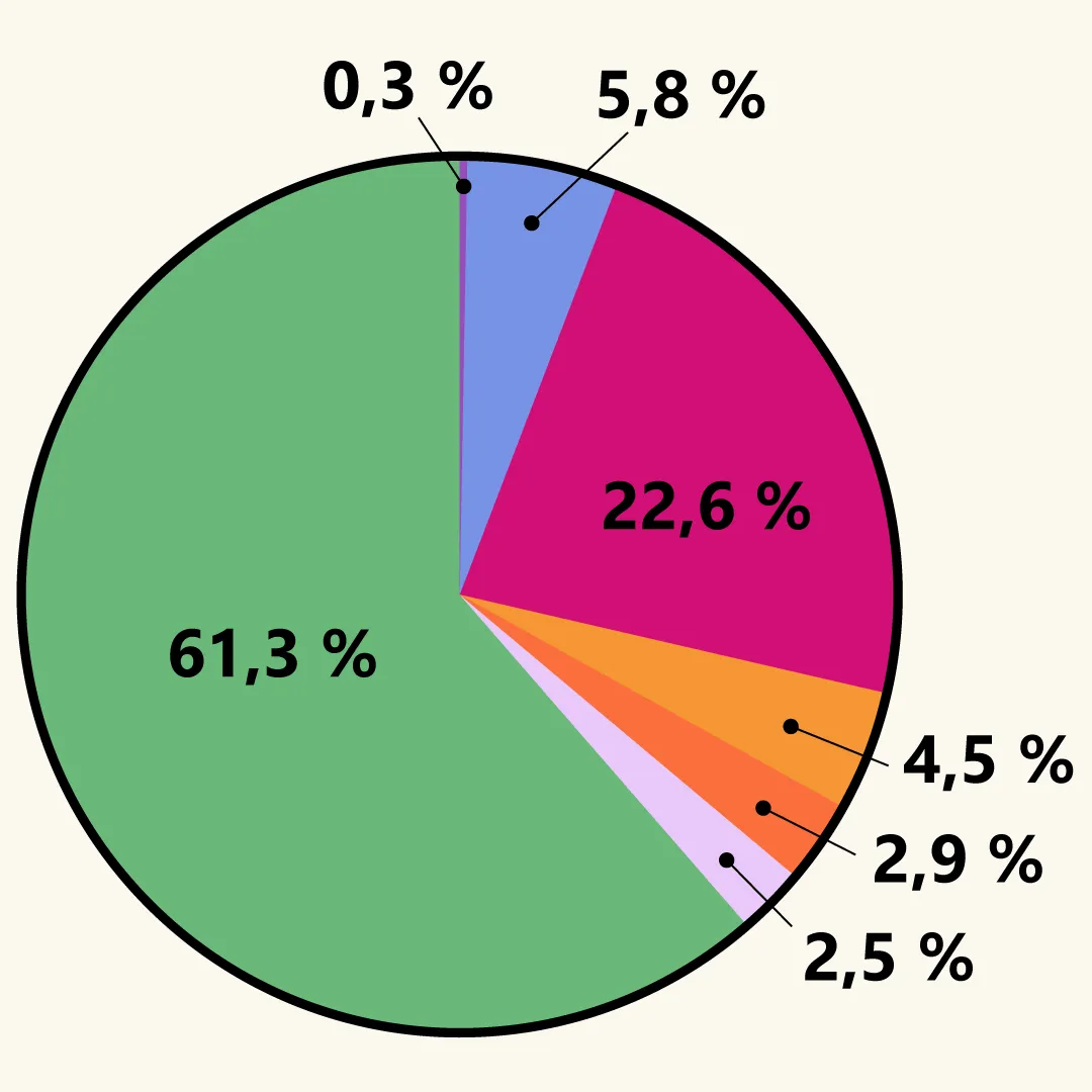Un diagramme circulaire coloré présente sept sections de tailles variées. Origines européennes : 67,3 %. Peuples autochtones : 0,3 %. Origines océaniennes : 5,8 %. Origines asiatiques : 22,6 %. Origines africaines : 4,5 %. Origines latinos/Amérique centrale et Amérique du Sud : 2,9 %. Origines caribéennes : 2,5 %.