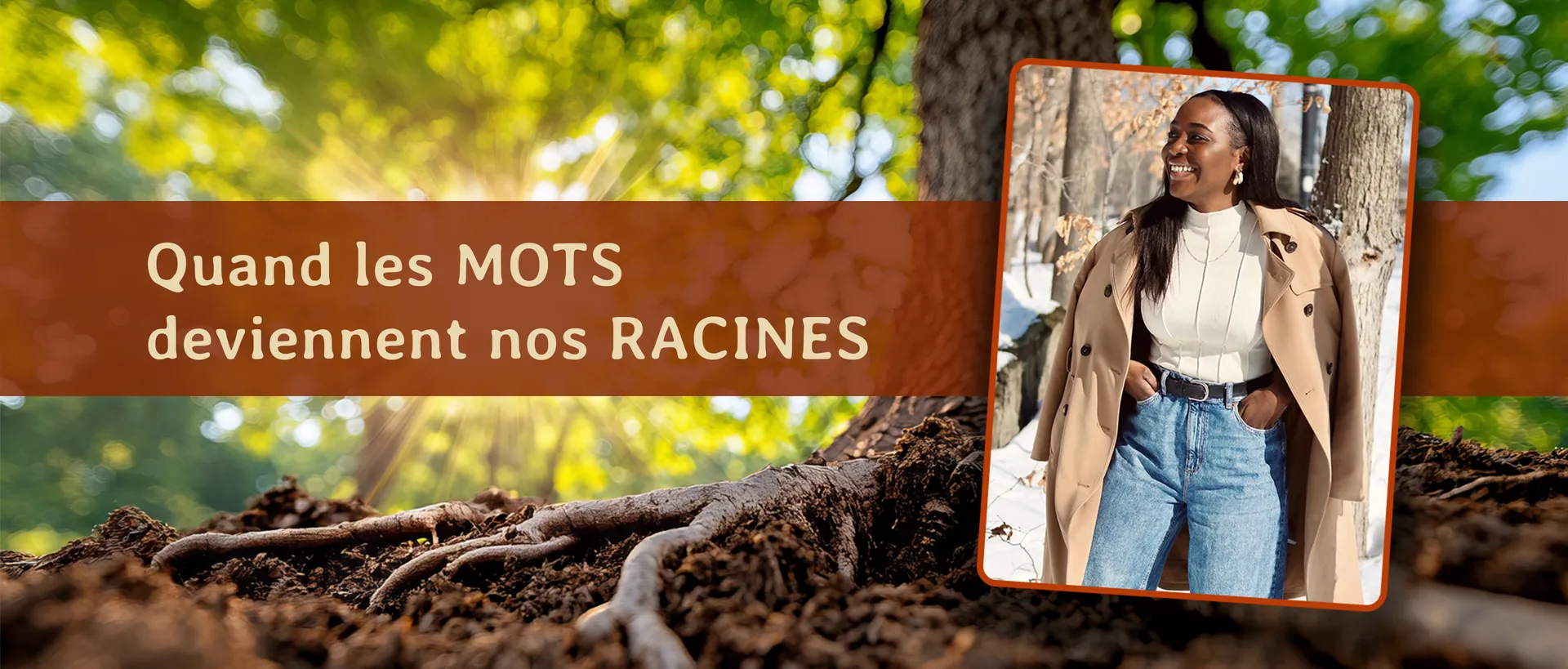 Photo de Christelle M. Kongolo devant des arbres et de grosses racines en forêt.