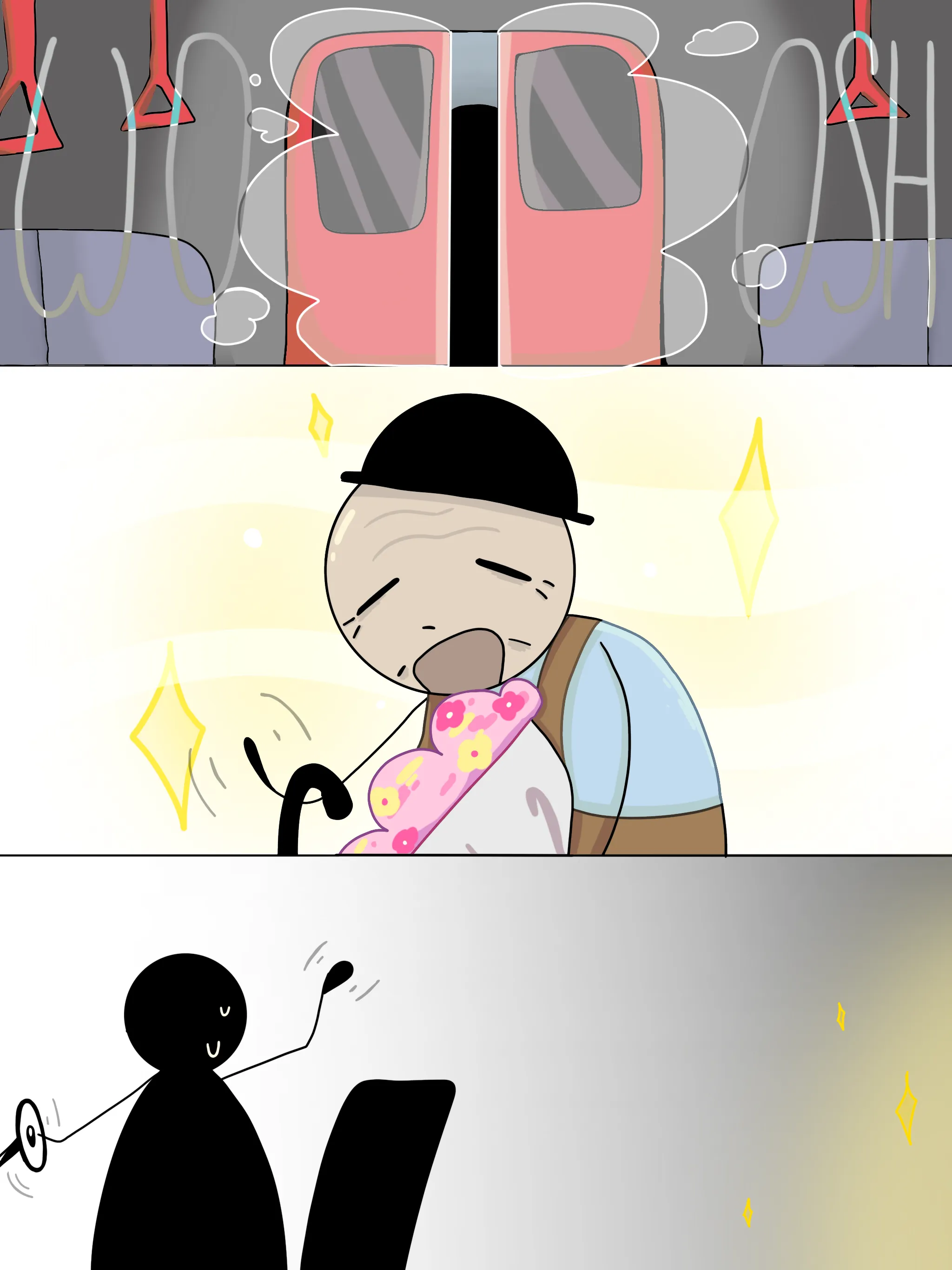 Illustration de style BD. Au haut, les portes de l’autobus se referment dans un nuage de fumée. Au centre, un homme âgé sourit en tenant un bouquet de fleurs roses. Au bas, la silhouette noire du chauffeur, de dos, salue de la main.