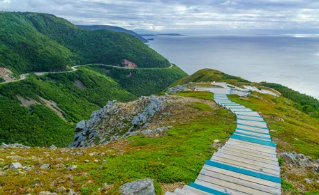 Photo d’un sentier de bois descendant une colline au-dessus du littoral.