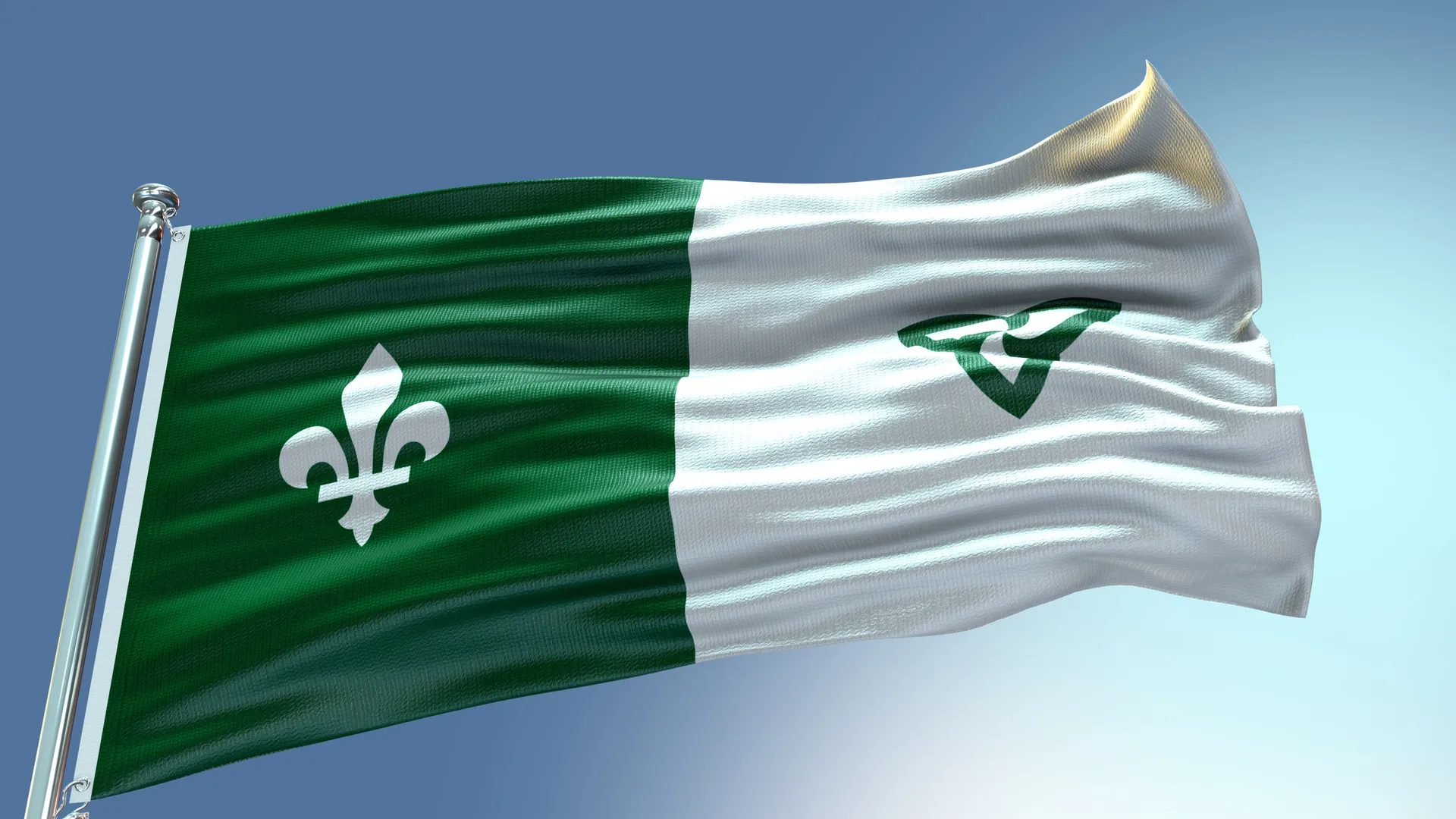 Photo d’un drapeau franco-ontarien flottant dans le vent.
