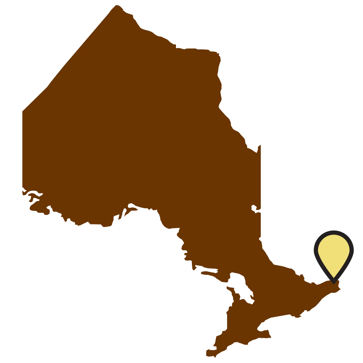Carte géographique de l’Ontario avec un repère sur la ville d’Hawkesbury, à l’est de la province, tout juste à la frontière de la province du Québec.