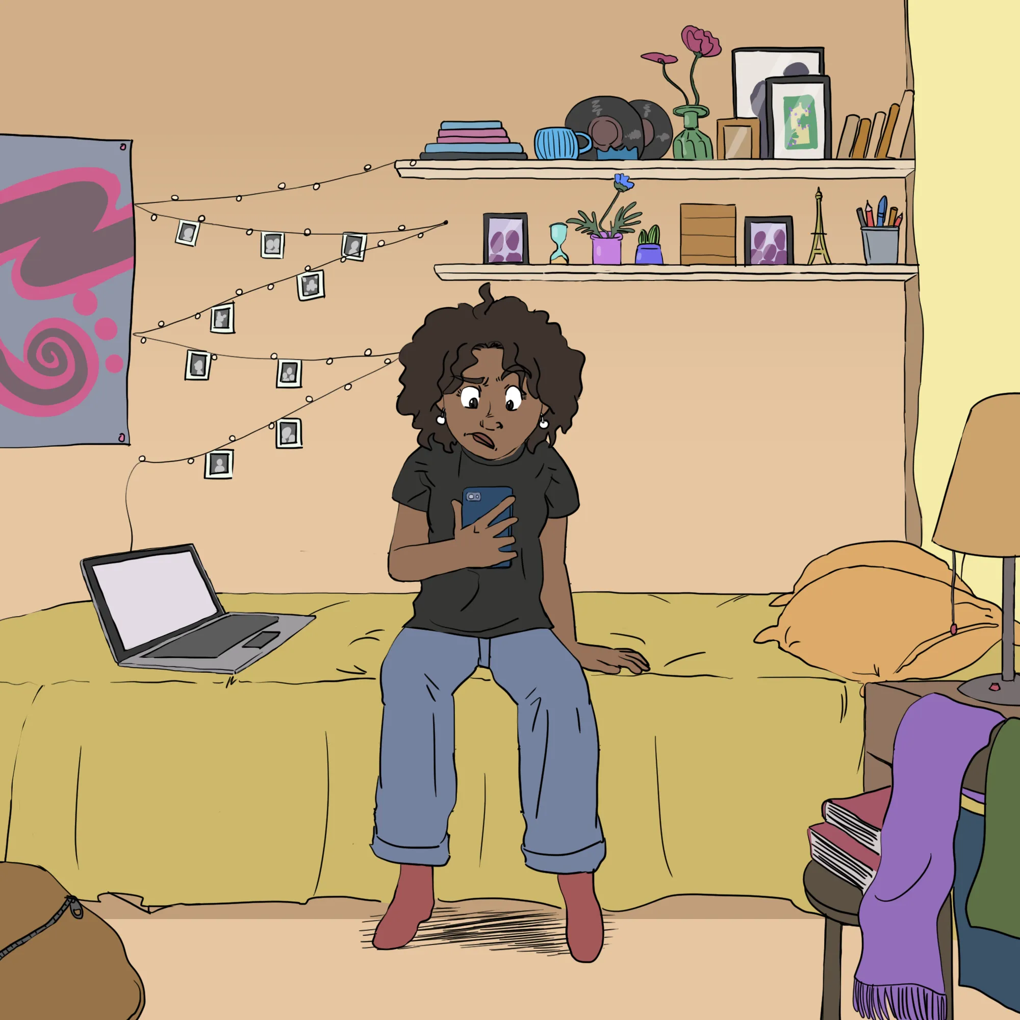 Asha est dans sa chambre. Elle est assise sur son lit. Près d’elle, il y a un ordinateur portable. Elle regarde son téléphone cellulaire. Son visage affiche un air troublé.