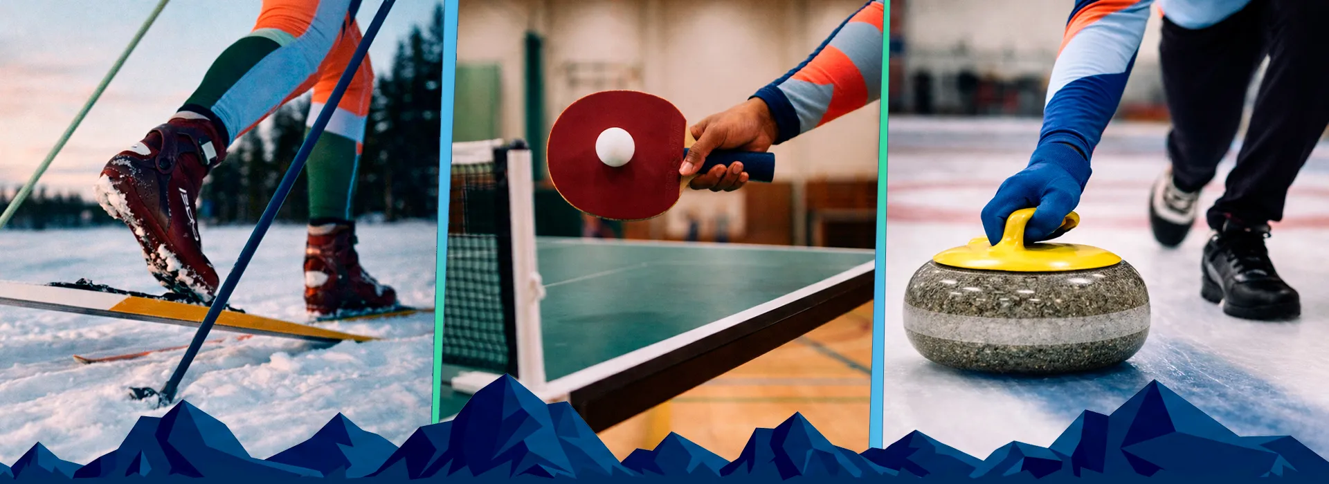 Trois photos montrant un skieur de fond, un joueur de tennis de table et une pierre de curling sur la glace.