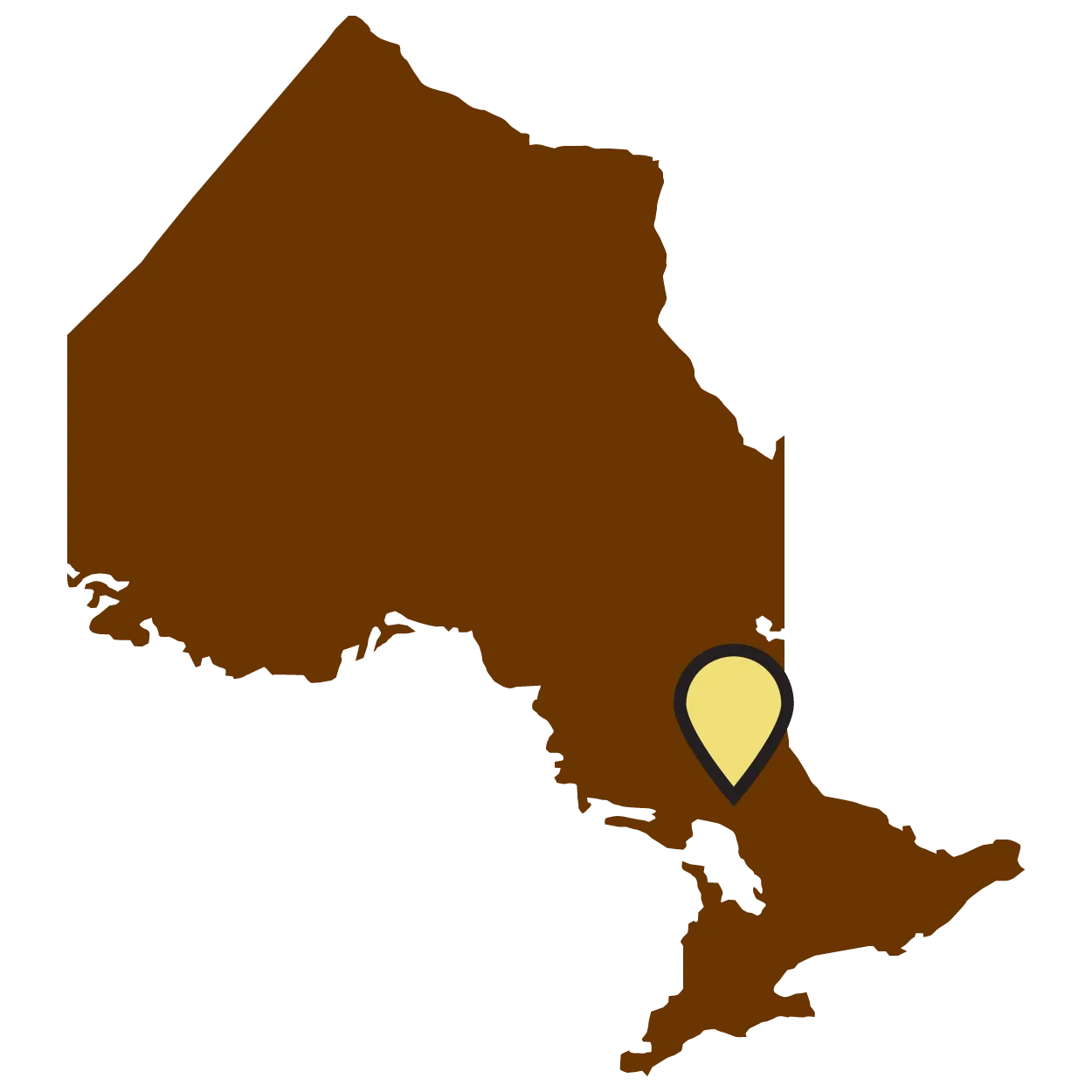Carte géographique de l’Ontario avec un repère sur la ville de Sudbury dans le centre est de la province, un peu dans les terres.