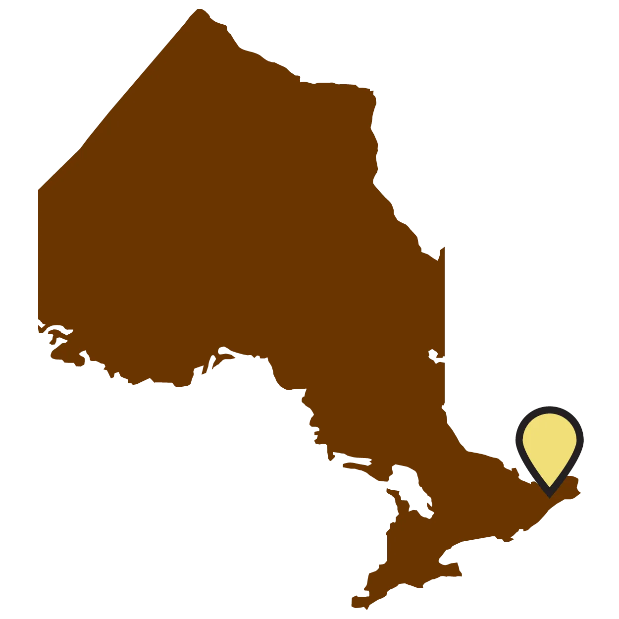 Carte géographique de l’Ontario avec un repère sur la ville de Casselman dans l’est de la province, un peu dans les terres.