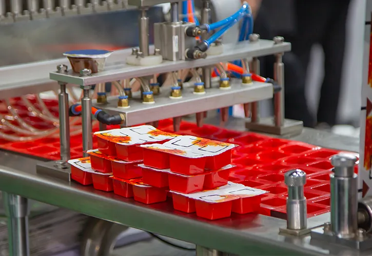 Photo de plusieurs petits contenants de confiture sur une chaine de production.