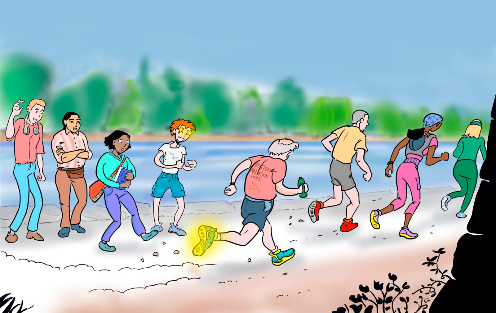 Jérémie, Bernard, Sophie et Fabienne sont sur un sentier près d’une rivière. Bernard a des écouteurs, Fabienne tient un livre. Des coureurs passent devant eux, et la chaussure de l’un d’eux est mise en évidence.