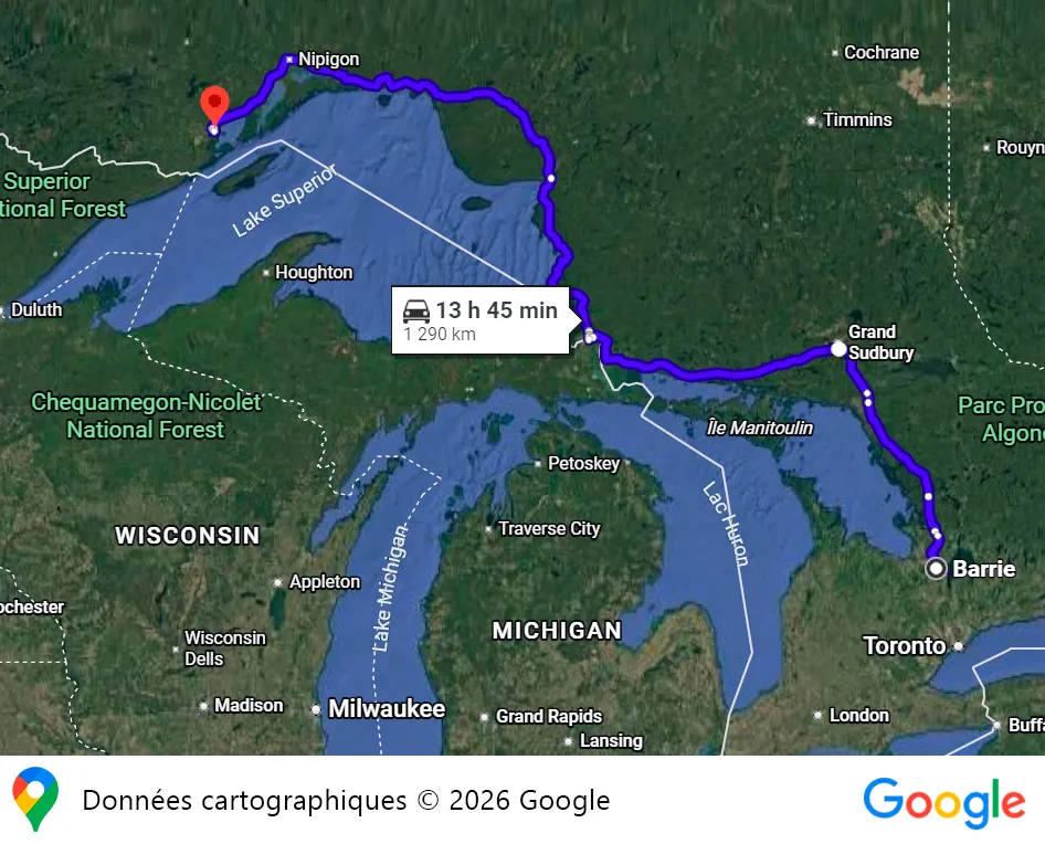 Carte partielle de l’Ontario montrant le trajet de Thunder Bay, au nord sur les rives du lac Supérieur, jusqu’à Barrie, plus au sud-est, située sur la baie Kempenfelt du lac Simcoe, qui se déverse dans la baie Georgienne puis le lac Huron.