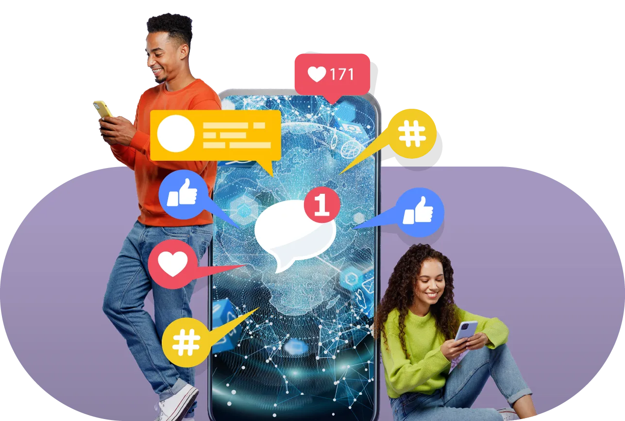 Une adolescente et un adolescent sont appuyés contre un téléphone cellulaire géant. Il y a diverses icônes tout autour du cellulaire, comme un pouce en l’air, un cœur, un phylactère.