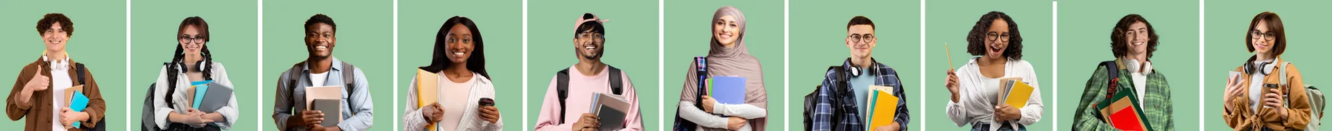 Groupe de jeunes debout côte à côte, tenant livres, cahiers et sacs à dos, illustrant un contexte d’études, de formation et de parcours éducatifs variés.