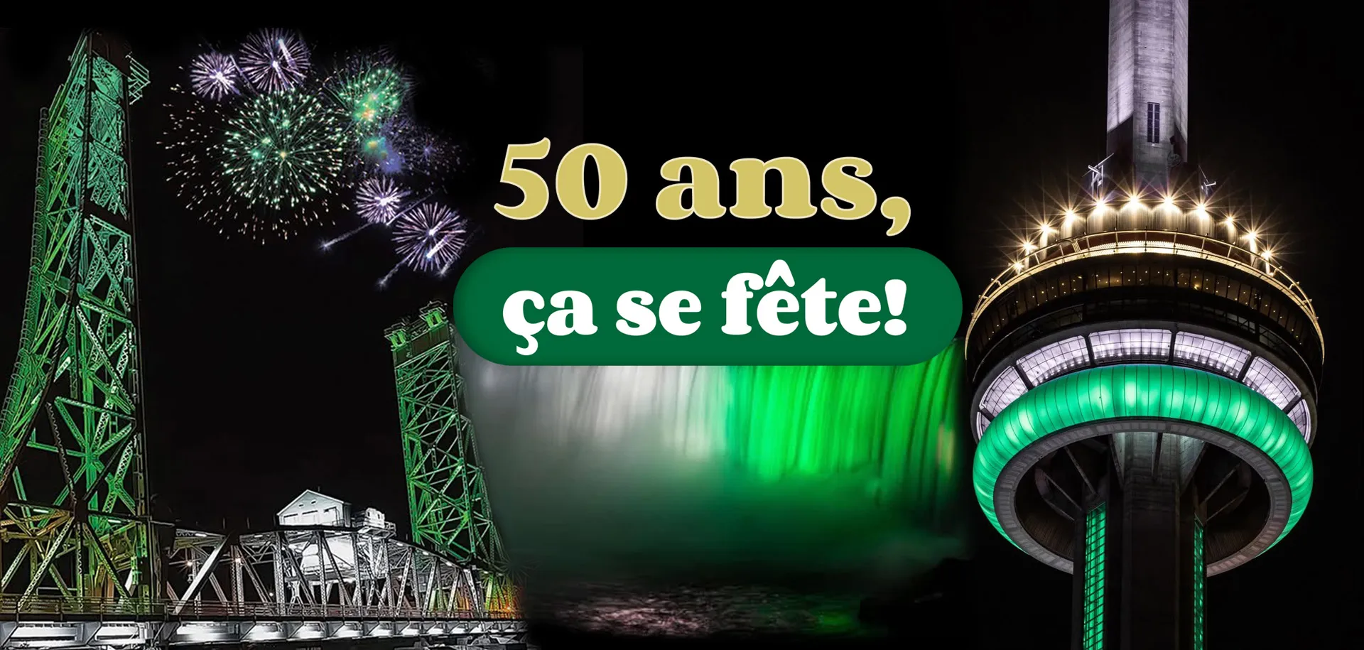 Un pont, les chutes du Niagara et la Tour CN illuminés en vert et blanc: l’Ontario célèbre 50 ans de fierté franco-ontarienne avec éclat et feux d’artifice.