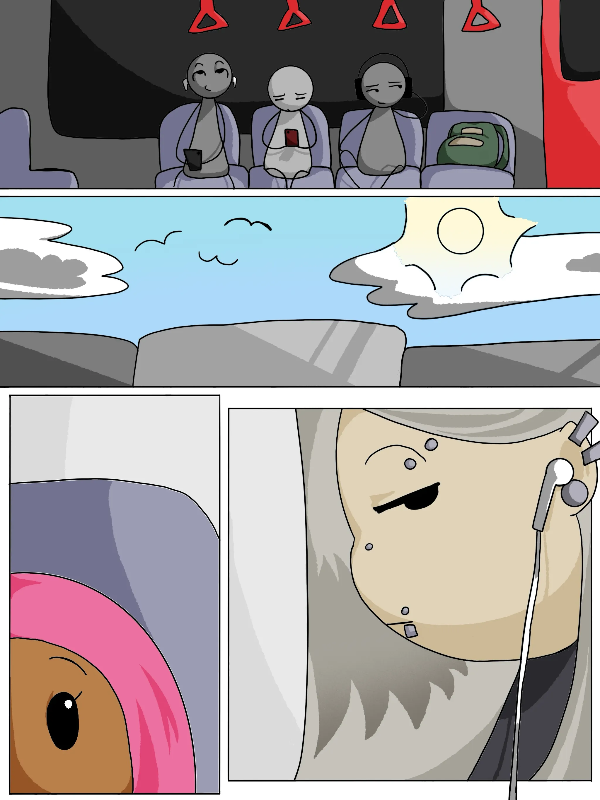 Illustration de style BD. Dans un autobus, trois personnes regardent leur téléphone en silence. Des sièges vides occupent le centre. En bas, gros plans sur une fillette portant un hijab et une adolescente aux longs cheveux percés.
