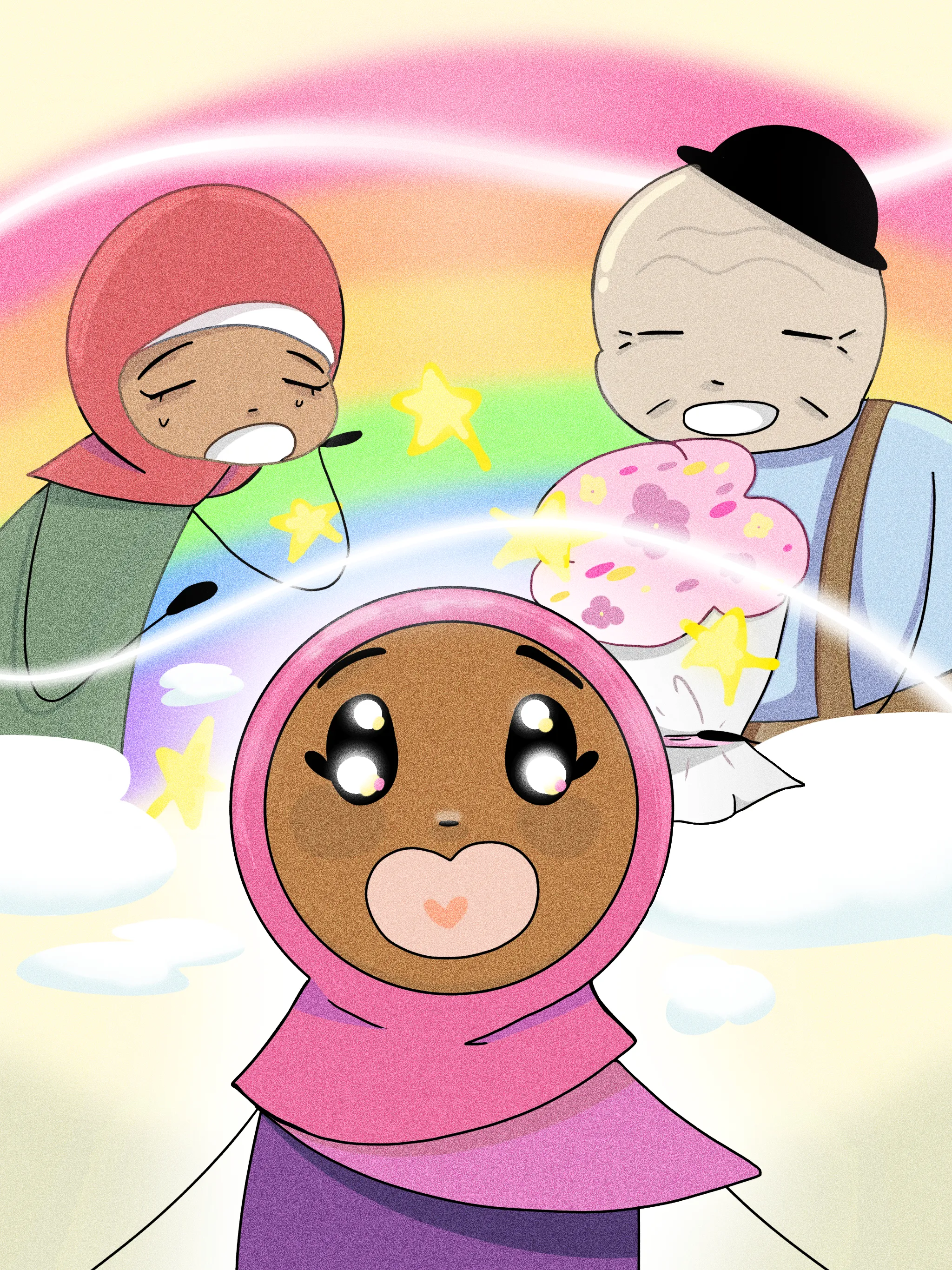 Illustration de style BD. Au centre, la petite fille en hijab a la bouche grande ouverte de surprise, les yeux ronds. Derrière elle, sa maman et le vieillard sourient au milieu de lueurs d’étoiles et d’un arc-en-ciel.