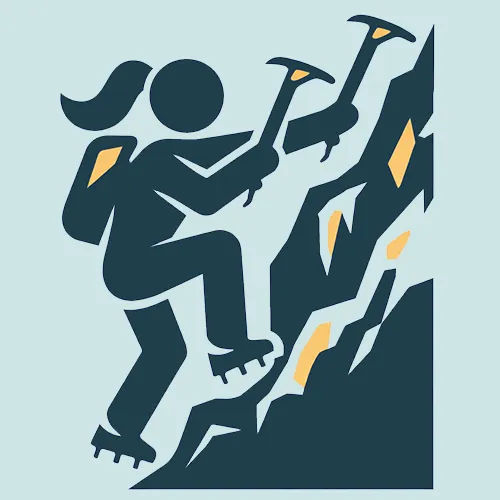 Illustration d’une personne pratiquant l’escalade sur glace. Elle tient des piolets et porte des crampons.