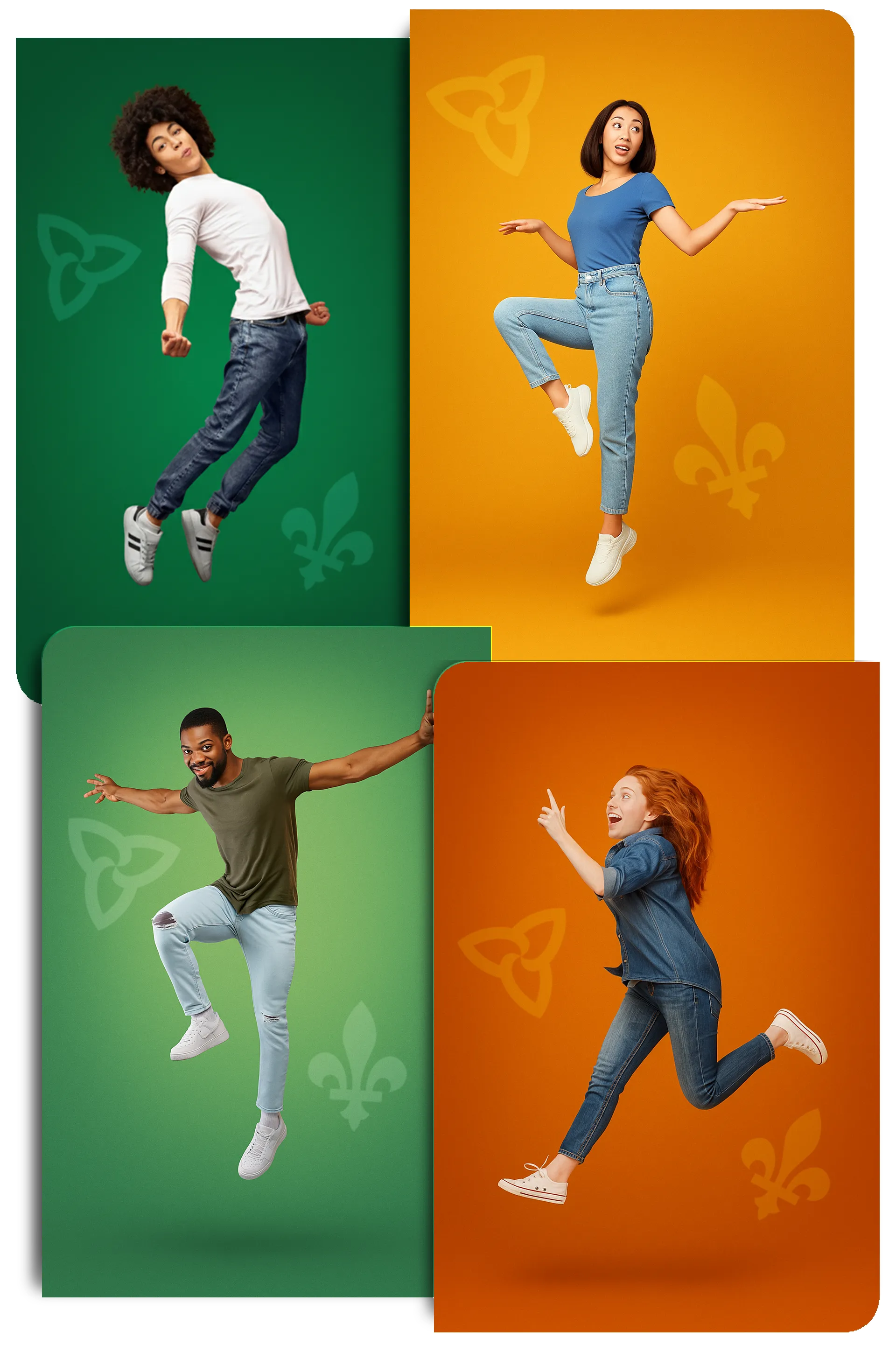 Disposition en carré de quatre photos illustrant respectivement trois jeunes femmes et un jeune homme qui sautent dans les airs avec le sourire, sur fond coloré avec en filigrane des symboles de la francophonie ontarienne (fleur de lys et trille).
