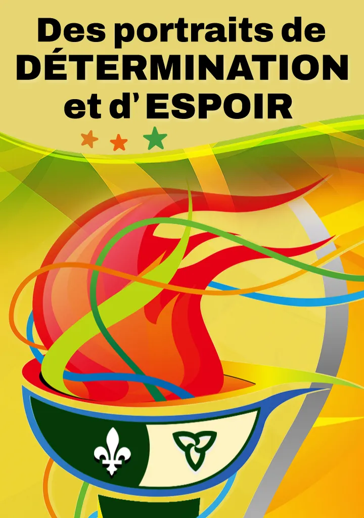 Arrière-plan artistique décoratif duquel se détache la représentation d’une flamme olympique à l’effigie du drapeau franco-ontarien.