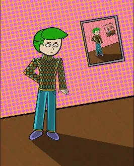 Dessin d'un garçon de style BD avec une casquette et un pull vert. Il se tient dans une pièce devant un mur rose à motifs. Juste derrière lui, un cadre accroché au mur montre exactement la même image, créant un effet amusant qui se répète.