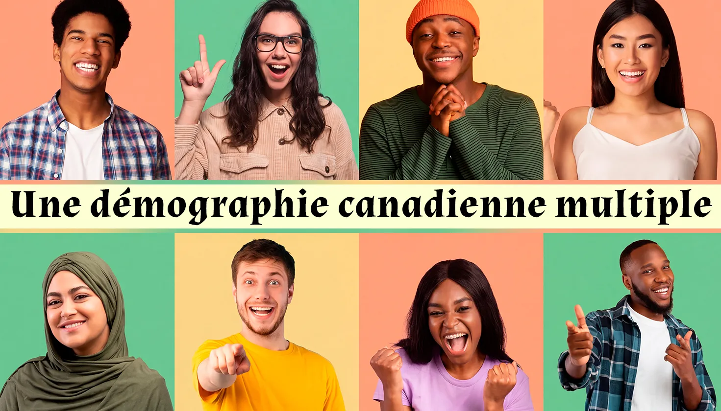 Huit jeunes de diverses origines sourient avec énergie sur des fonds colorés.