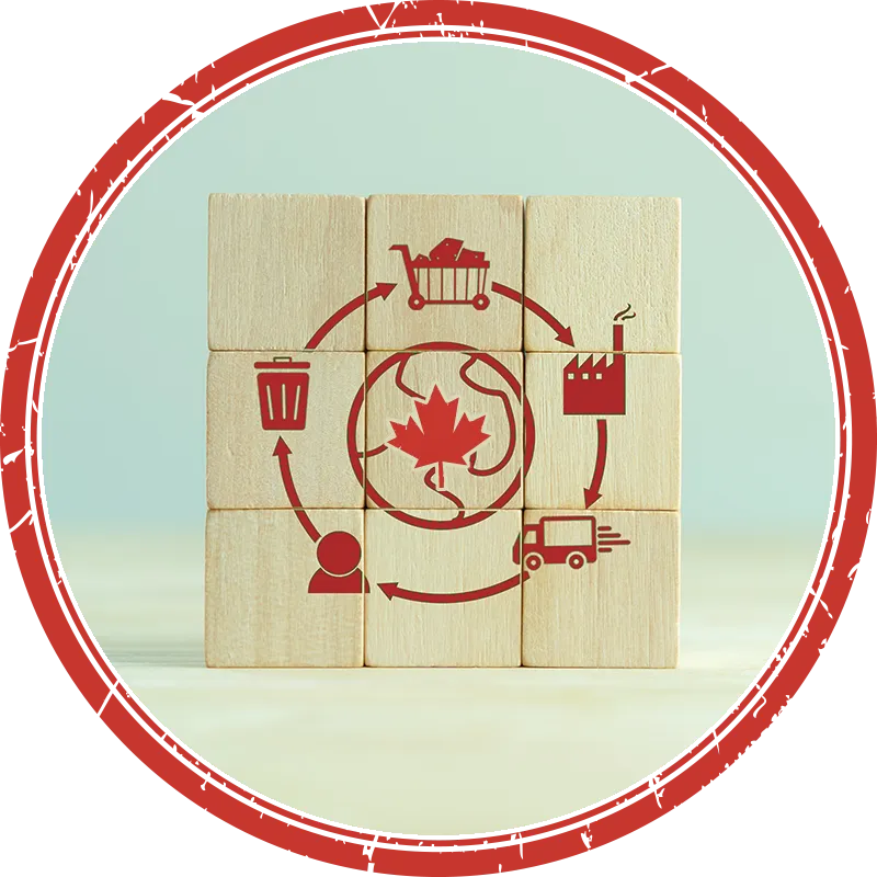Sur des blocs de bois assemblés en carré, un schéma montre le cycle de production du Canada.
