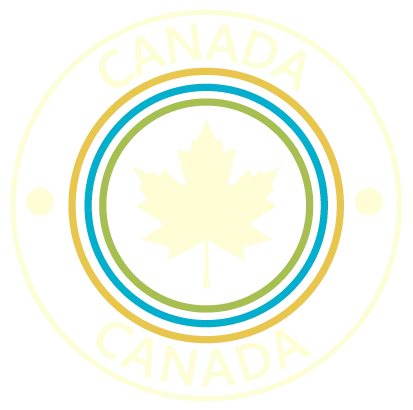 Un emblème circulaire avec le mot « CANADA » inscrit en haut et en bas du cercle. Une feuille d’érable se trouve au centre.