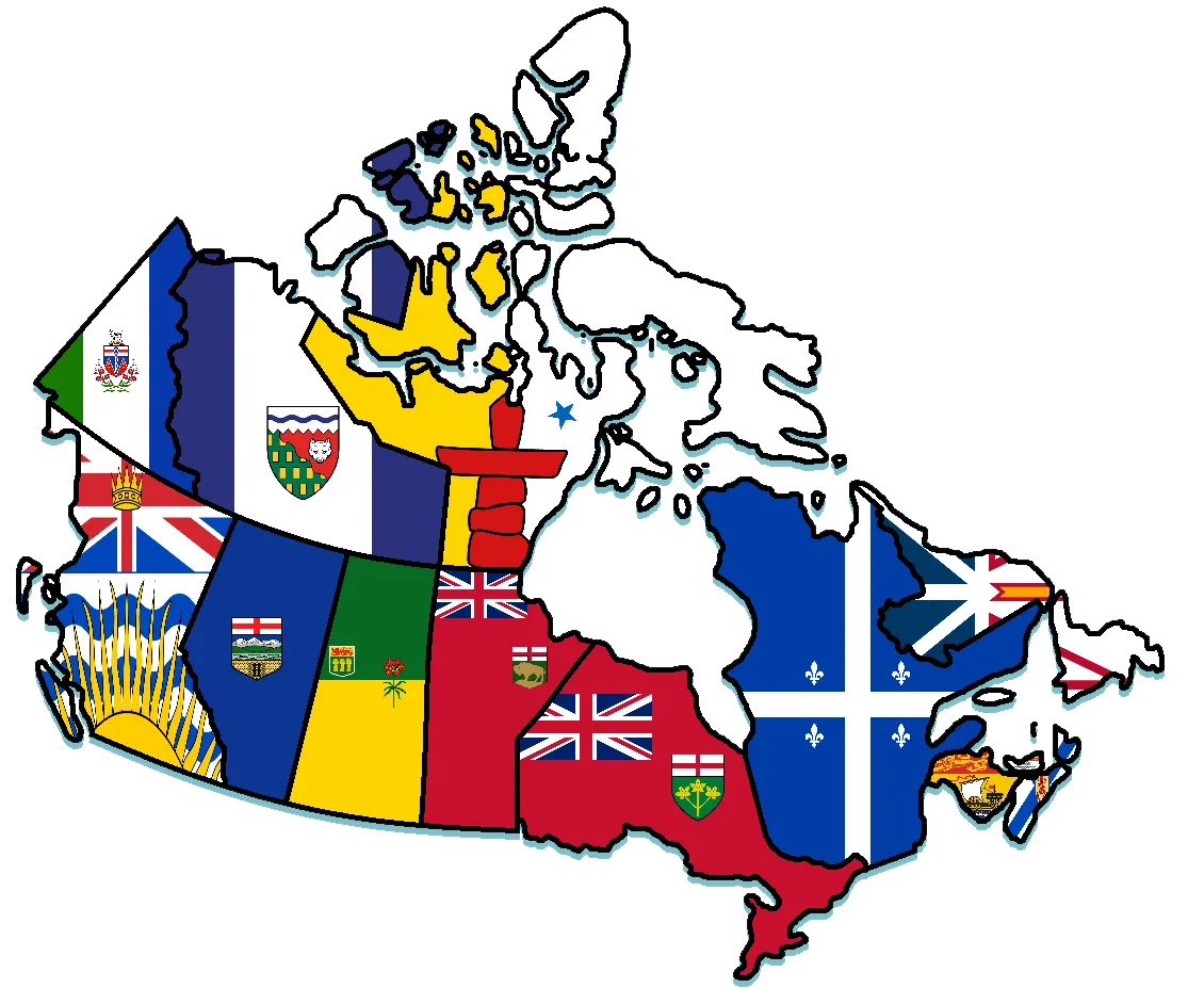 Carte du Canada où chacune des provinces est décorée des couleurs et des motifs de son drapeau.