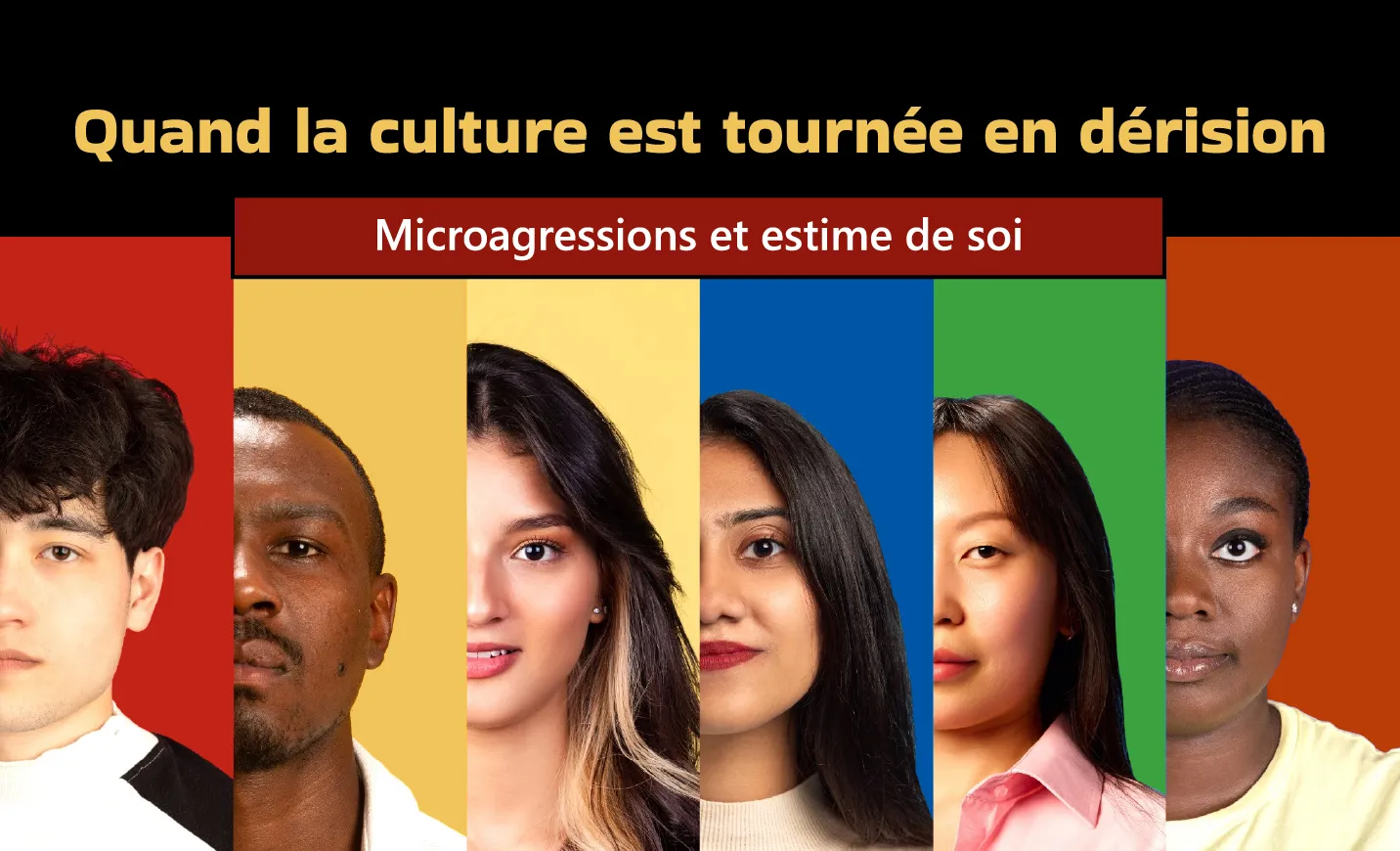 Montage de six portraits d'ados de différentes origines sur des fonds colorés.